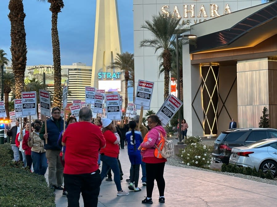 <em>The Culinary Union held demonstrations on the Las Vegas Strip Friday as 7,000 workers continue to fight for new five-year contracts. (KLAS)</em>