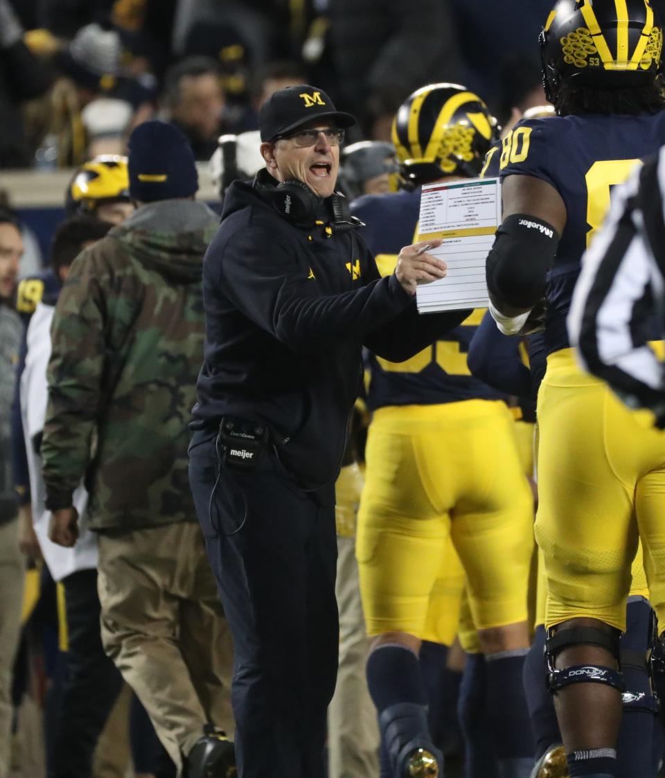 Jim Harbaugh during the second half of Michigan's 29-7 win over Indiana on Saturday, Nov. 6, 2021, at Michigan Stadium.