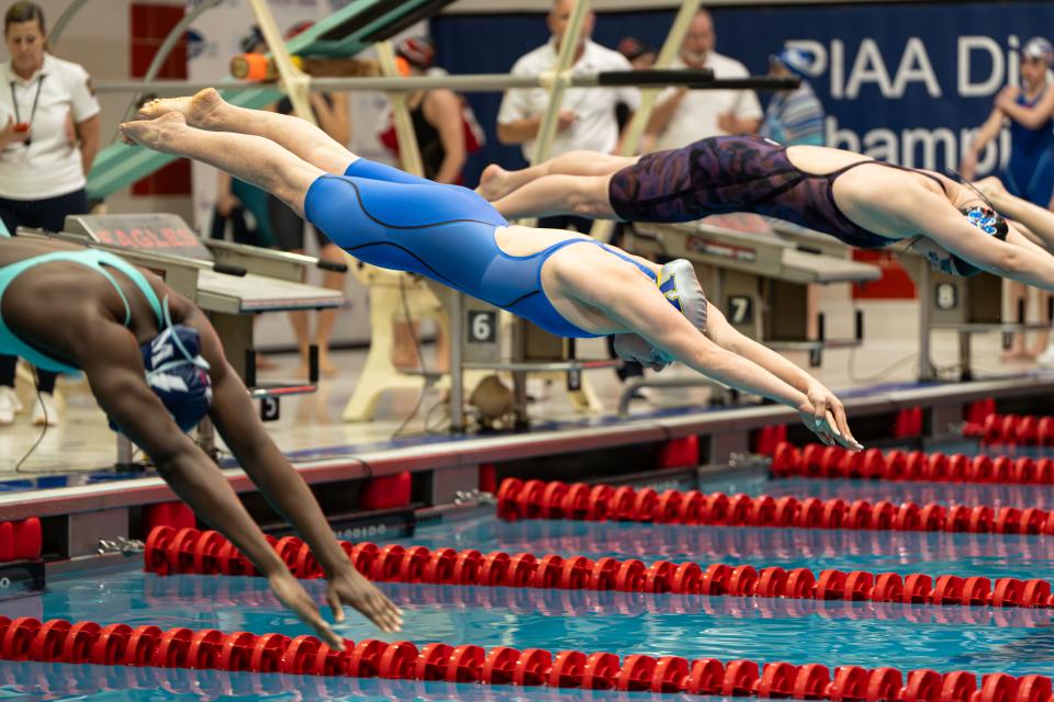 Dallastown’s Julia Havice and Waynesboro’s Eve Phillips compete in the girls' 50-yard freestyle at the 2024 District 3 girls' Class 3A championships held at Cumberland Valley High School on Friday, March 1, 2024. Phillips won with a time of 23.37, the first swimming gold medal in school history. Havice swam a 23.64.