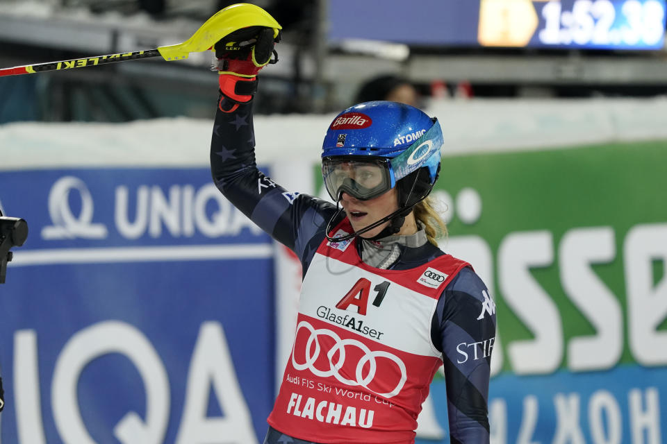 United States' Mikaela Shiffrin reacts after completing an alpine ski, women's World Cup slalom in Flachau, Austria, Tuesday, Jan.10, 2023.(AP Photo/Giovanni Auletta)