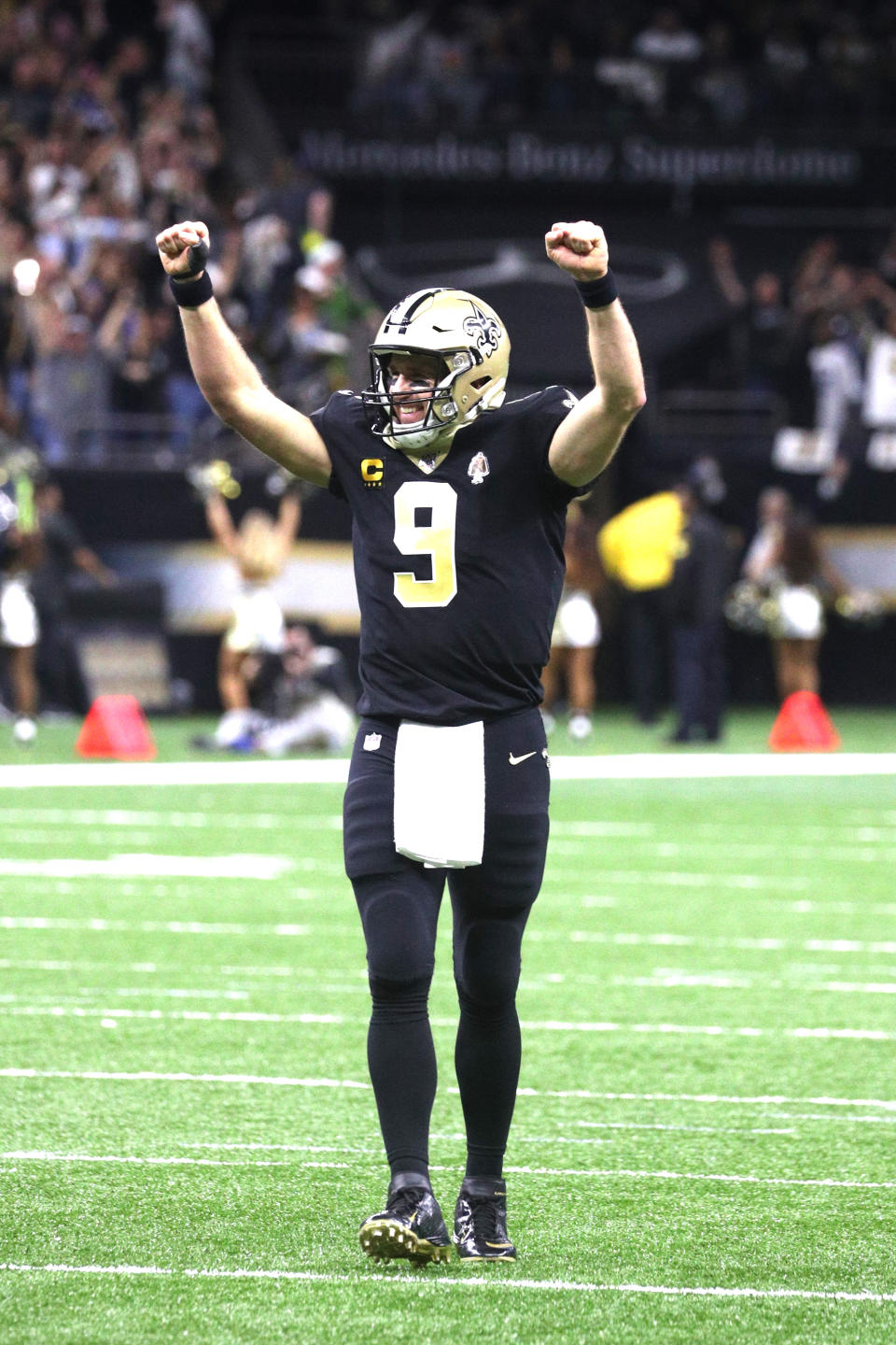 New Orleans Saints quarterback Drew Brees (9) celebrates as he sets a career touchdown record with a touchdown pass to tight end Josh Hill (89) in an NFL game Monday, Dec. 16, 2019 in New Orleans The Saints defeated the Colts 34-7. (Margaret Bowles via AP)