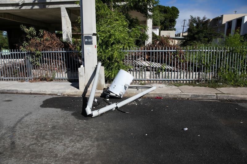 A power transformer lies on the street after an earthquake in Guanica