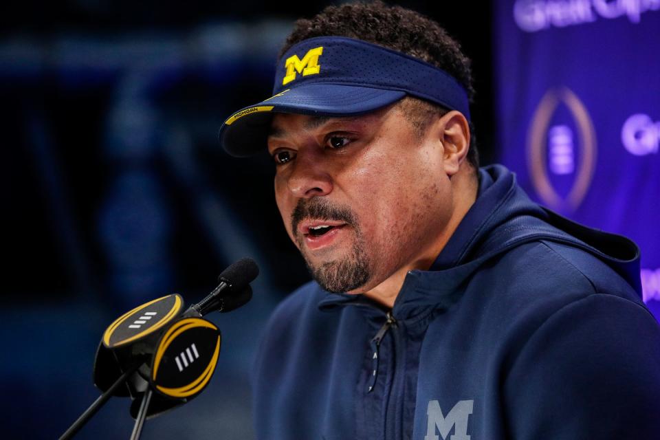 Michigan running backs coach Mike Hart speaks during national championship game media day at George R. Brown Convention Center in Houston, Texas on Saturday, Jan. 6, 2024.