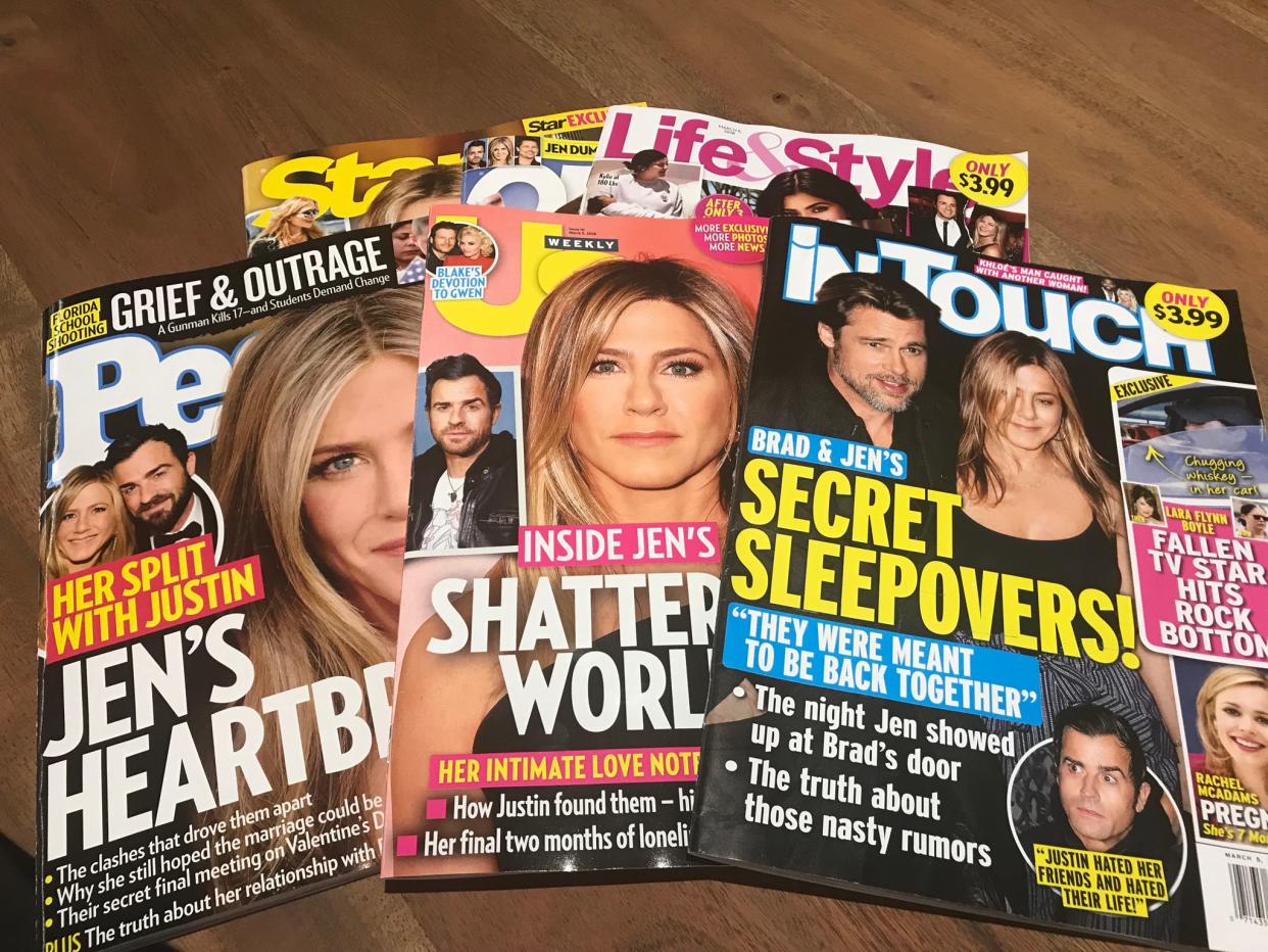 Jennifer Aniston and Justin Theroux’s split is like a celebration for the celebrity weeklies, who have so many theories — some absurd — about what went wrong. (Photo: Yahoo Entertainment)