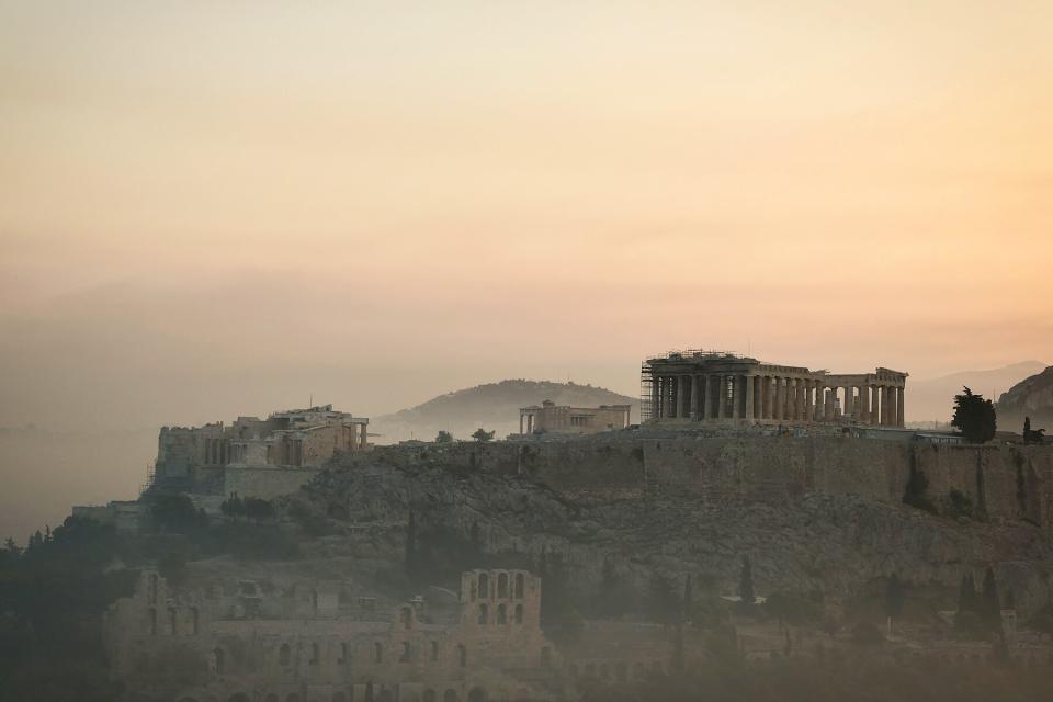 Smoke covering Athens centre and the Acropolis, due to fires burning at the foot of Mount Parnes, 30 kilometres north of Athens.