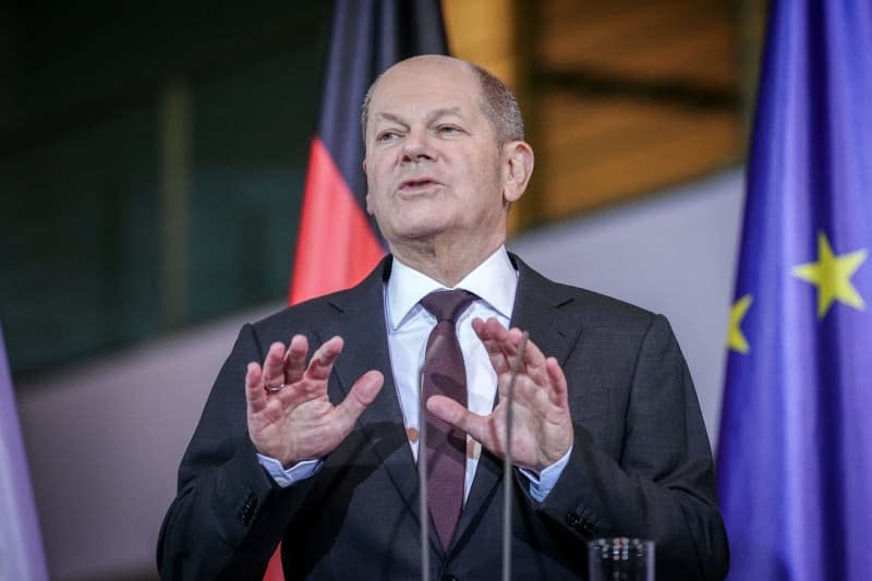 German Chancellor Olaf Scholz speaks during a press conference with Polish Prime Minister Donald Tusk (Not Pictured) after their meeting at the Federal Chancellery. Kay Nietfeld/dpa