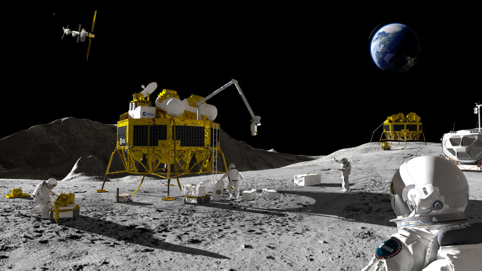  Illustration of astronauts exploring the moon, with earth in the background. 