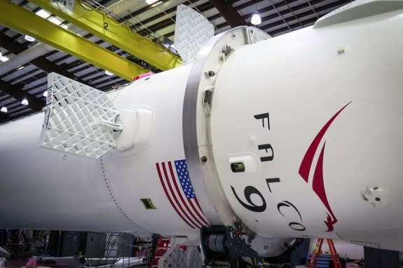 View of the "hypersonic grid fins" that will help stabilize the first stage of SpaceX's Falcon 9 rocket during an attempted landing on a floating ocean platform on Jan. 6, 2015.