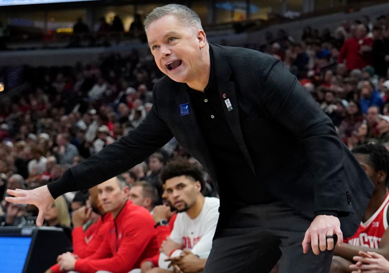 Mar 11, 2023; Chicago, IL, USA; Ohio State Buckeyes head coach Chris Holtmann gestures during the first half at United Center. Mandatory Credit: David Banks-USA TODAY Sports