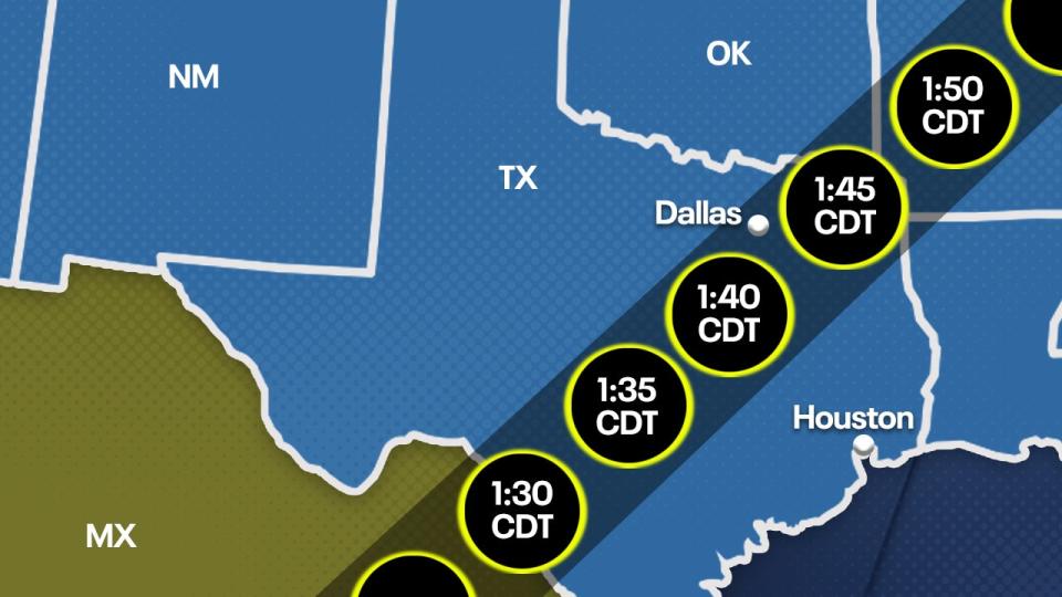 <div>Projected path and time of totality for the 2024 total solar eclipse over Texas.</div>