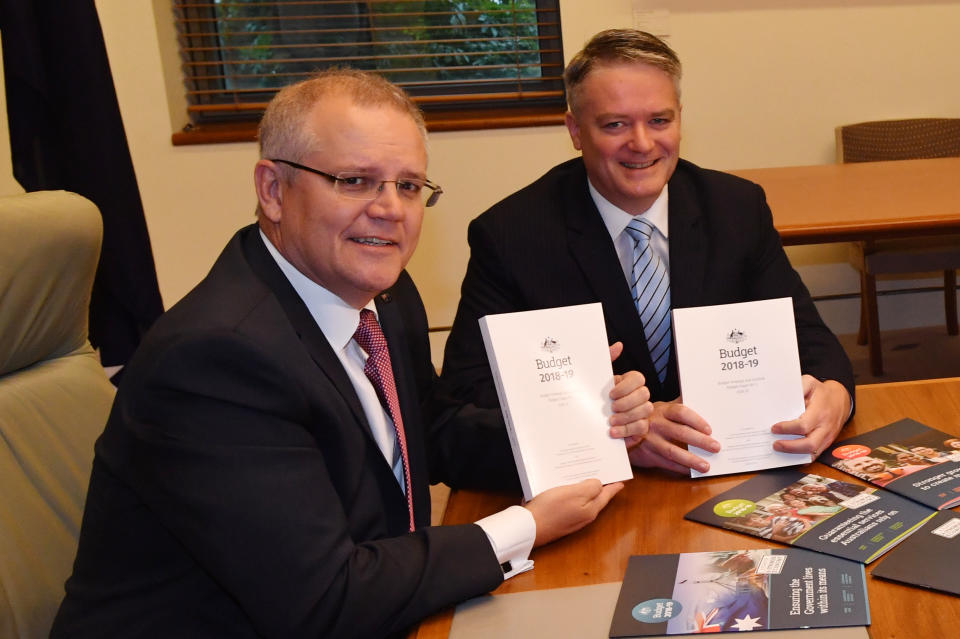 Treasurer Scott Morrison and Finance Minister Mathias Cormann ahead of the Federal Budget 2018. Source: AAP