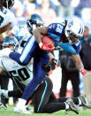 Chris Johnson #28 of the Tennessee Titans breaks away from Russell Allen #50 of the Jacksonville Jaguars during play at LP Field on December 24, 2011 in Nashville, Tennessee. The Titans won 23-17. (Photo by Grant Halverson/Getty Images)