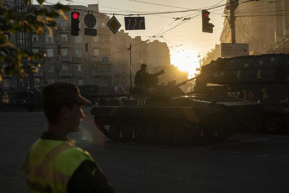 In this photo taken on Wednesday, Aug. 22, 2018 Ukrainian armored vehicles take part in a rehearsal for the Independence Day military parade in Kiev, Ukraine. Ukraine will mark the 27th anniversary of the Independence Day on Aug. 24. (AP Photo/Felipe Dana)