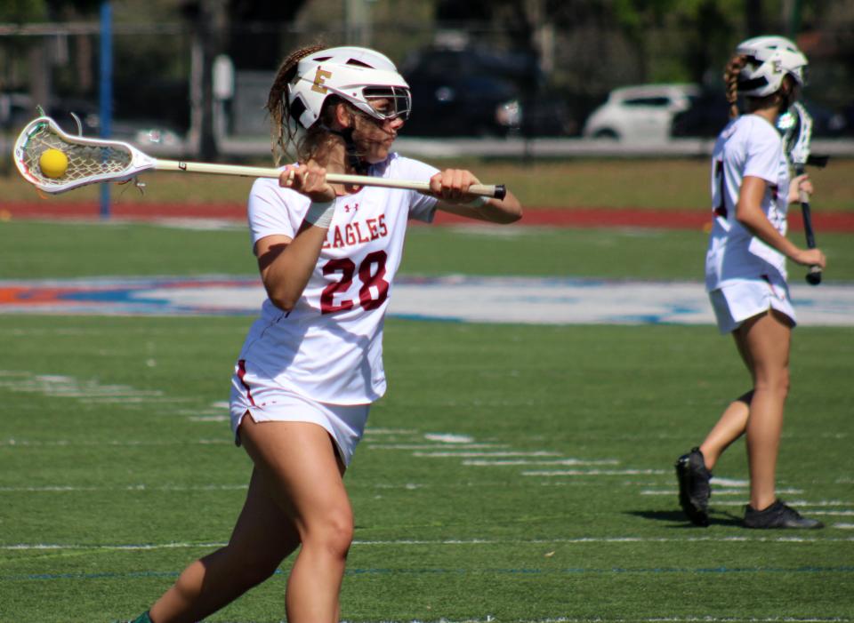 Episcopal attacker Lilly Melograna (28) prepares for a pass against Menendez. The Eagles face St. Augustine for a berth in the FHSAA final four.