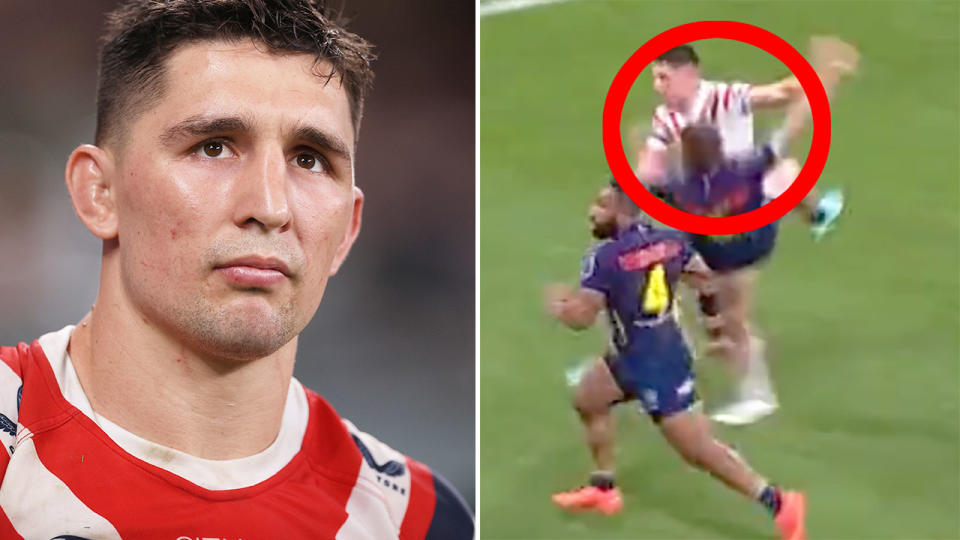 Victor Radley was sin-binned in the Roosters' NRL loss to Melbourne after a senseless late hit on Cameron Munster. Pic: Getty/Ch9