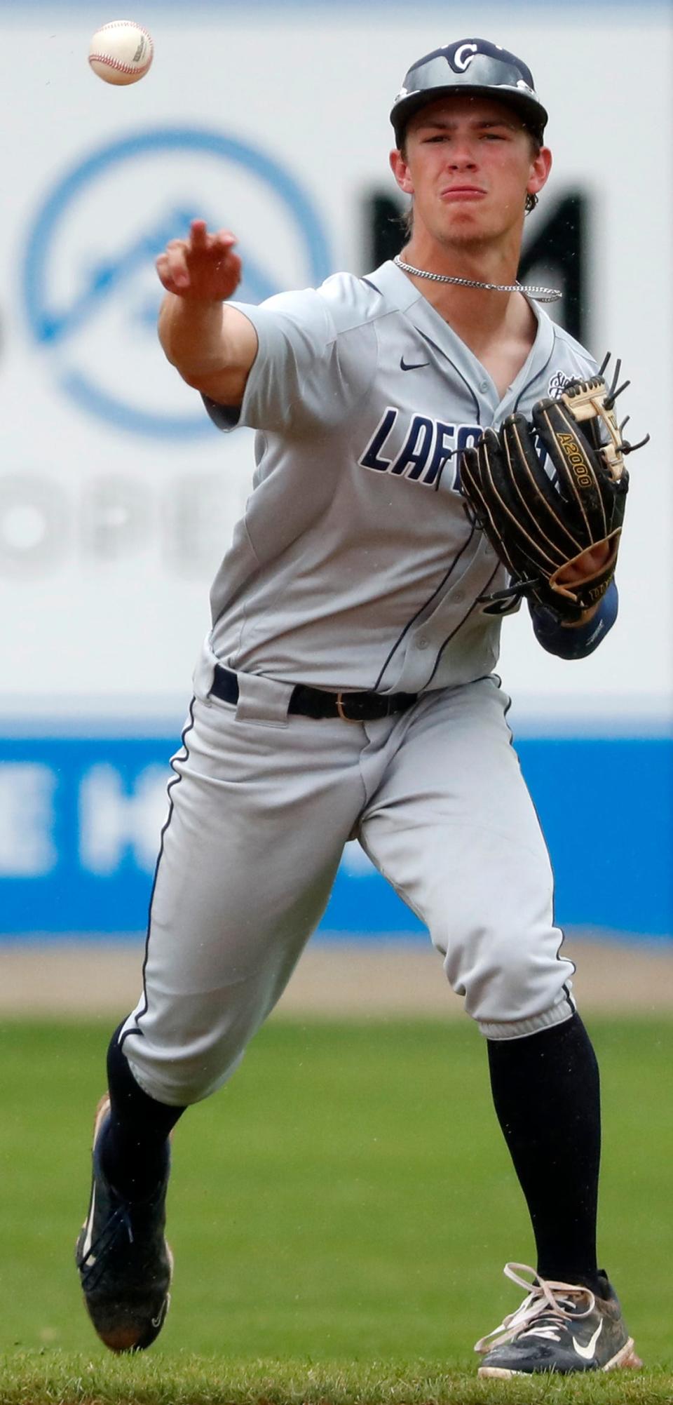 Central Catholic Knights Hudson Gutwein (9) throws the ball during the IHSAA 1A regional championship baseball game against the Frontier Falcons, Saturday, June 1, 2024, at Central Catholic High School in Lafayette, Ind. Central Catholic won 22-1.