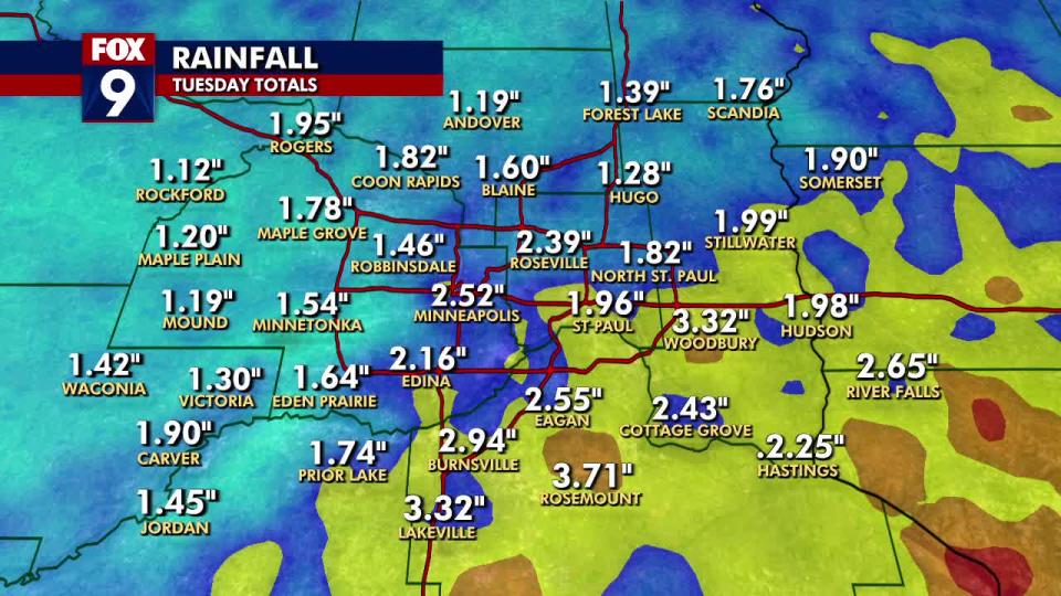 <div>Rain totals from Tuesday's storm in Minnesota.</div> <strong>(FOX 9)</strong>