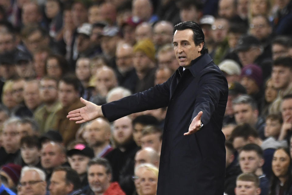 Aston Villa's head coach Unai Emery reacts during the Europa Conference League quarter final first leg soccer match between Aston Villa and Lille at Villa Park in Birmingham, England, Thursday, April 11, 2024. (AP Photo/Rui Vieira)