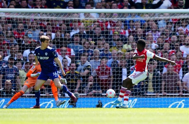 Eddie Nketiah, right, scores his second goal of the game in Arsenal's 2-1 win against Leeds