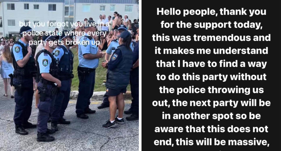 Police officers speaking to partygoers (left) with a screen shot of a message by rave event organisers (right)
