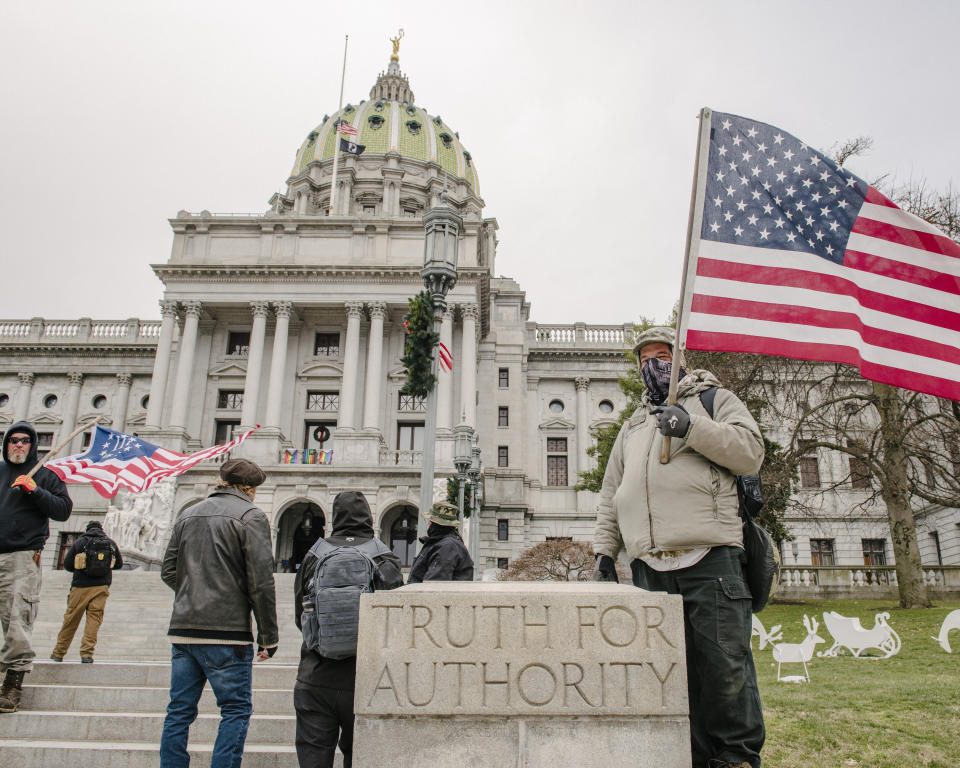 Protesters rallied outside the Pennsylvania state Capitol in Harrisburg on Jan. 6 &mdash; the same day insurrectionists invaded the U.S. Capitol in Washington, D.C. &mdash; to demonstrate against the certification of Electoral College votes because of baseless allegations of voter fraud. (Photo: (Photo by Andrew Mangum for The Washington Post via Getty Images))