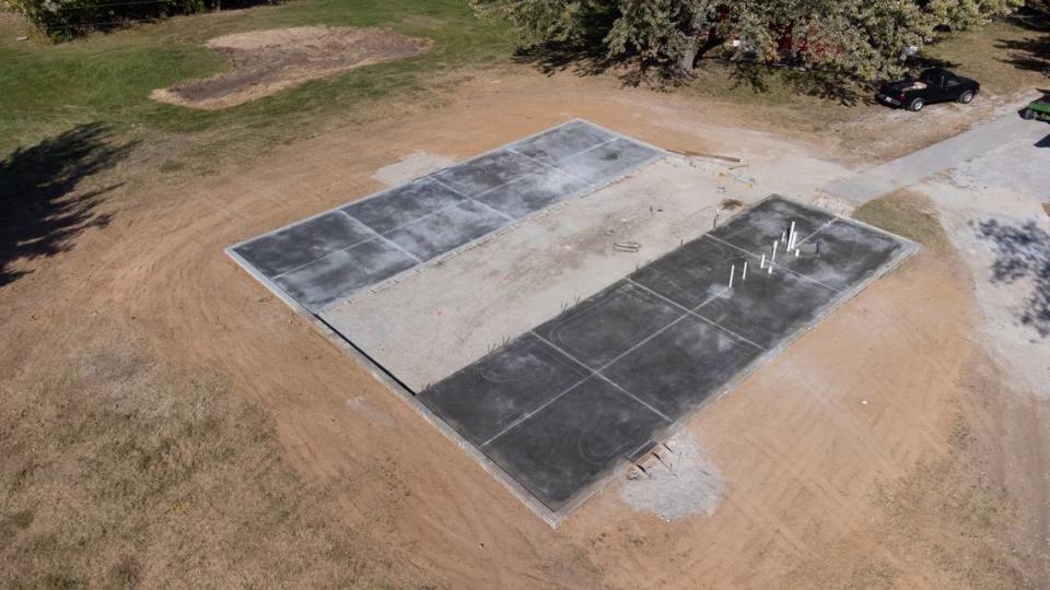 The almost-finished foundation of a future building on Belleville 201’s Bridges campus on Oct. 23, 2023. The campus, located on property formerly owned by PGA golfer Bob Goalby, serves students ages 18 to 22 with developmental disabilities.