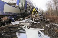 The wreckage of a carriage is pictured at the site of two crashed trains near Bad Aibling in southwestern Germany, February 9, 2016.