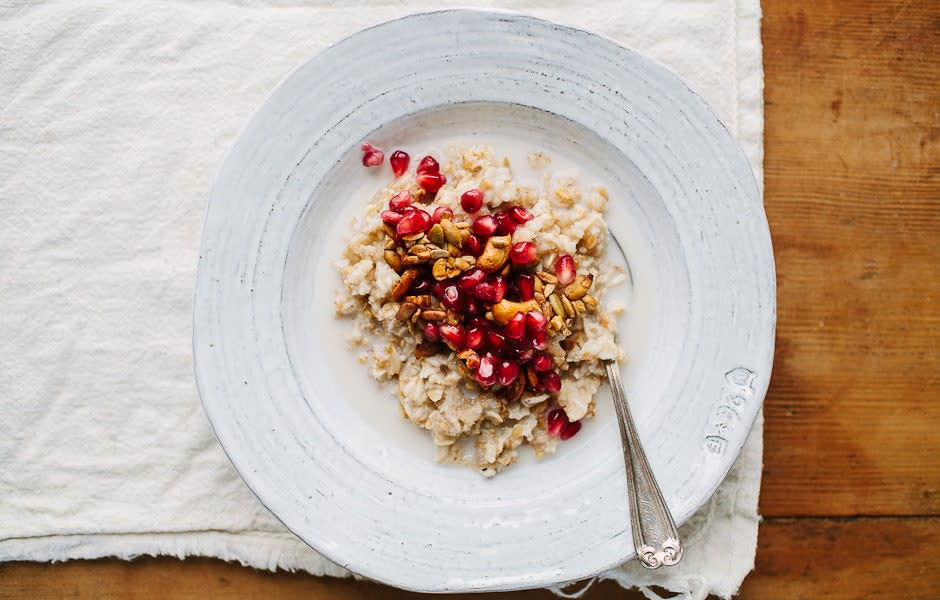 Multigrain Hot Cereal with Pomegranate Seeds and Spiced Pepita and Cashew Crunch