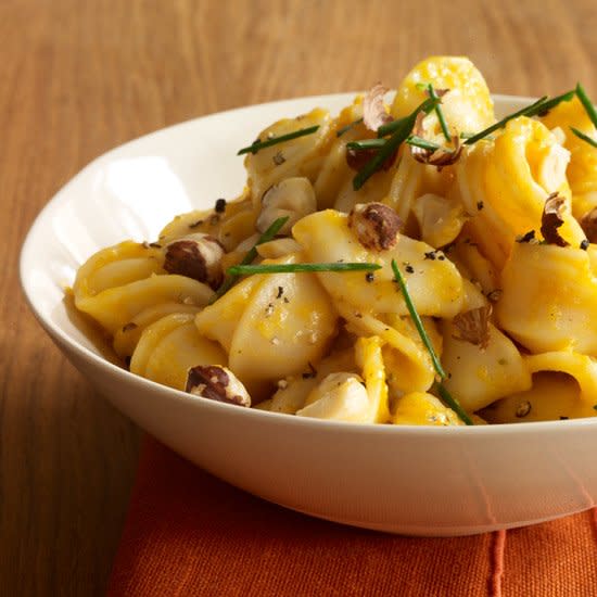 Pasta with Creamy Pumpkin Sauce and Toasted Hazelnuts