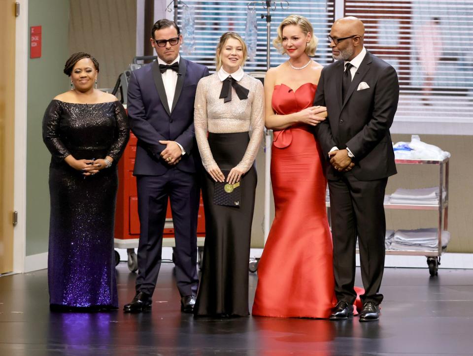 chandra wilson, justin chambers, ellen pompeo, katherine heigl and james pickens onstage at the emmy awards 2024