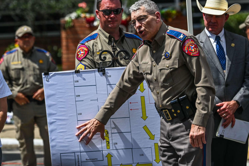 <div class="inline-image__caption"><p>Director and Colonel of the Texas Department of Public Safety Steven C. McCraw speaks at a press conference using a crime scene outline of the Robb Elementary School showing the path of the gunman, outside the school in Uvalde, Texas, on May 27.</p></div> <div class="inline-image__credit">Chandan Khanna/AFP via Getty</div>