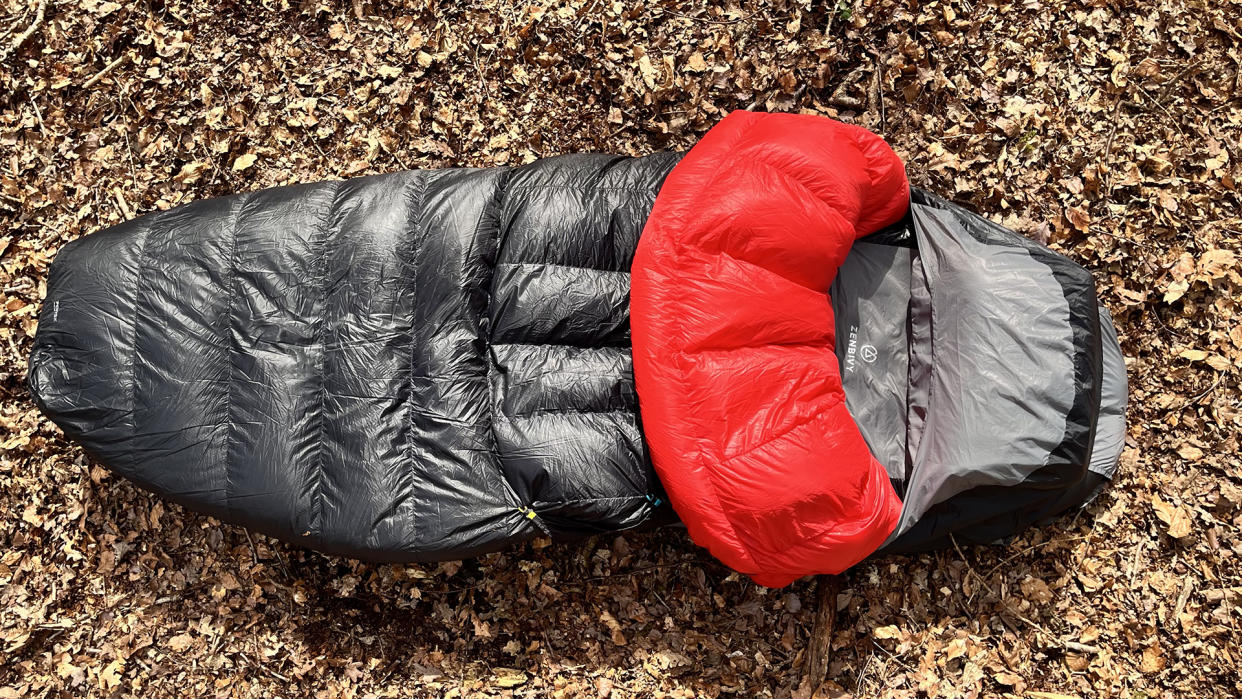  A Zenbivy Ultralight Bed laid out on a floor of fallen leaves. 