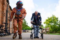 Captain Sir Tom Moore in Marston Moretaine, Bedford with veteran fundraiser Lloyd Scott, who will attempt to climb the Three Peaks whilst wearing a deep sea diving suit.