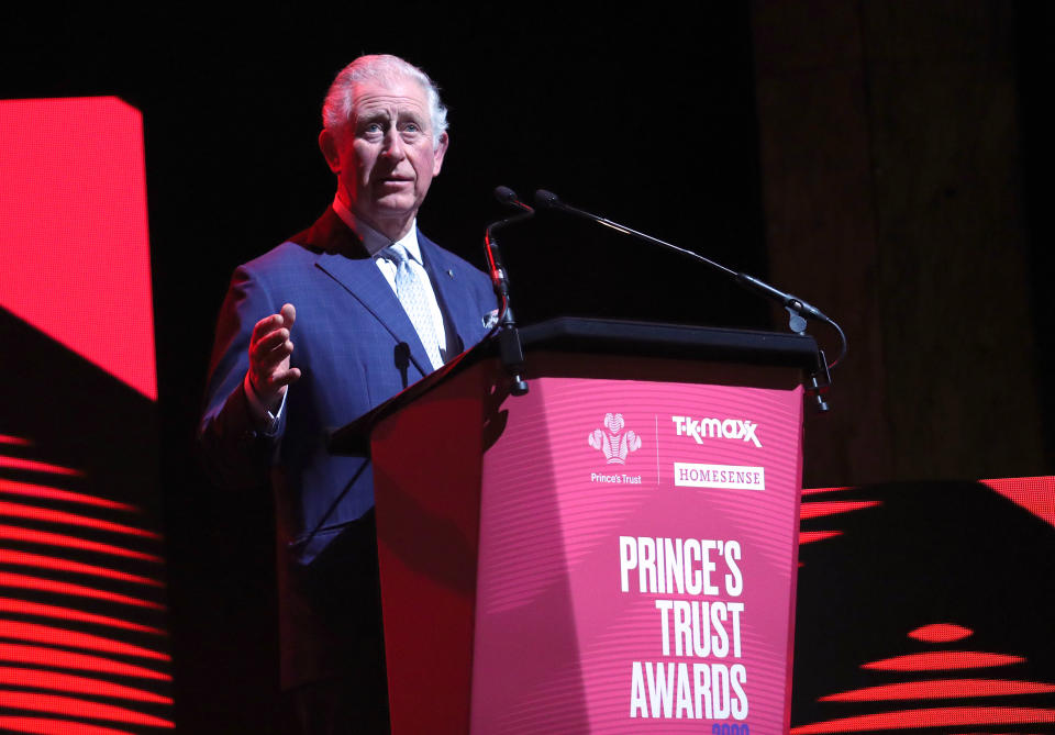 LONDON, ENGLAND - MARCH 11: Prince Charles, Prince of Wales speaks on stage at the Prince's Trust And TK Maxx & Homesense Awards at London Palladium on March 11, 2020 in London, England. (Photo by Yui Mok - WPA Pool/Getty Images)