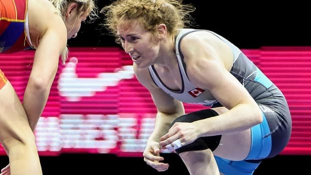 Fredericton wrestler Samantha Stewart beat Laura Gabriela Peredo Torres of Mexico 10-0 in a 53-kilogram match Saturday in Sofia, Bulgaria, but it wasn’t enough to secure a quota spot for the Tokyo Olympics in July. (Twitter/@WrestlingCanada - image credit)