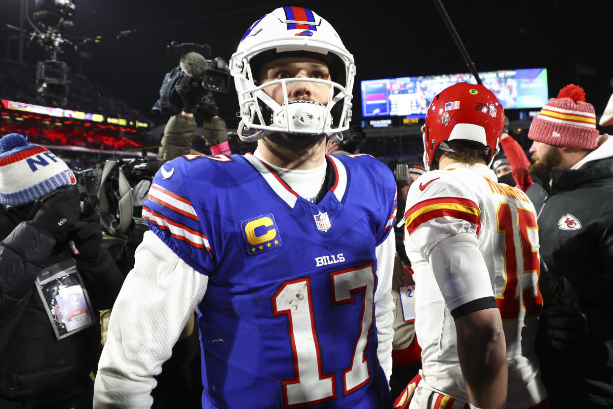 Buffalo Bills quarterback Josh Allen (17) walks off the field after playing against the Kansas City Chiefs in an NFL AFC division playoff football game, Sunday, Jan. 21, 2024, in Orchard Park, N.Y. (AP Photo/Jeffrey T. Barnes)