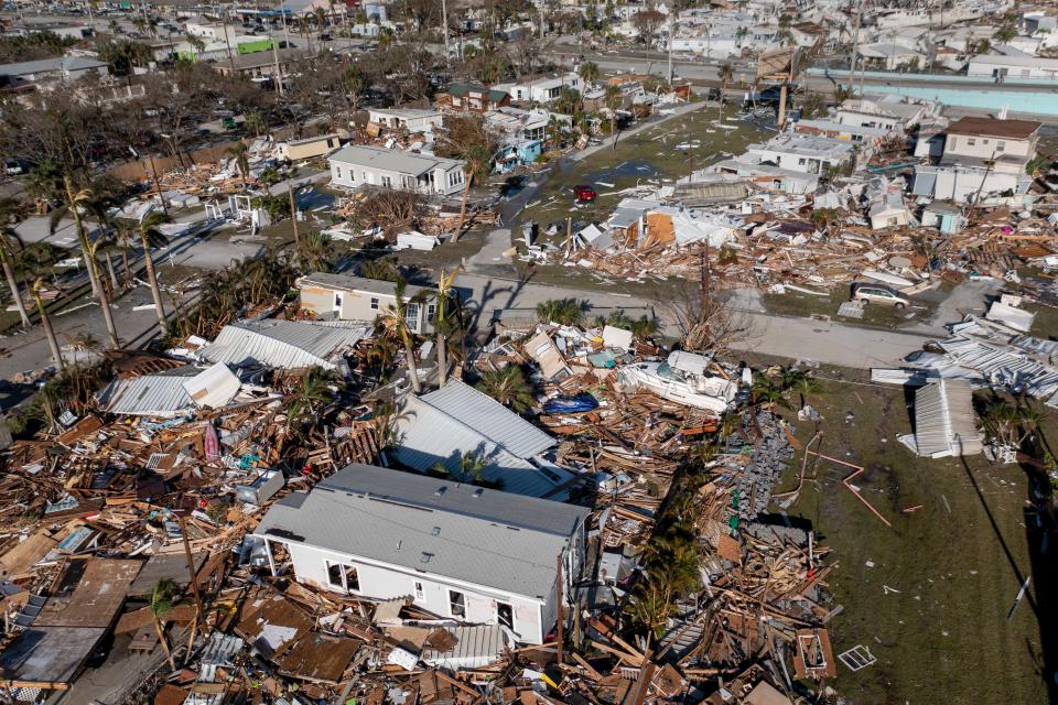 Damage to Fort Myers neighborhood near bridge to Ft. Myers Beach after Hurricane Ian on September 29 2022.