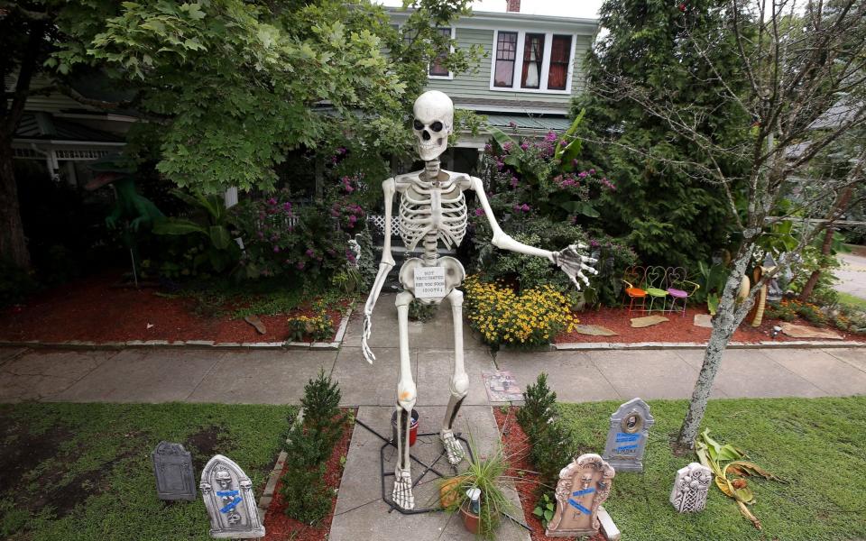 A 13-foot skeleton telling people to vaccinate or die along with mocking tombstones are on display at the home of Jesse Jones in North Carolina, US,  - Bob Karp/Zuma Press / eyevine