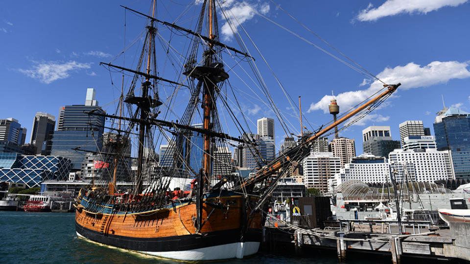 A replica of Captain Cook's ship 'Endeavour' is seen at the Australian National Maritime Museum in Sydney on September 19, 2018. / Credit: SAEED KHAN/AFP/Getty Images