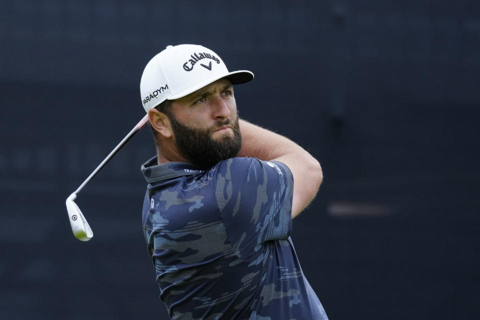 Spain's Jon Rahm play has shot from the 3rd tee during the third day of the British Open Golf Championships at the Royal Liverpool Golf Club in Hoylake, England, Saturday, July 22, 2023. (AP Photo/Jon Super)