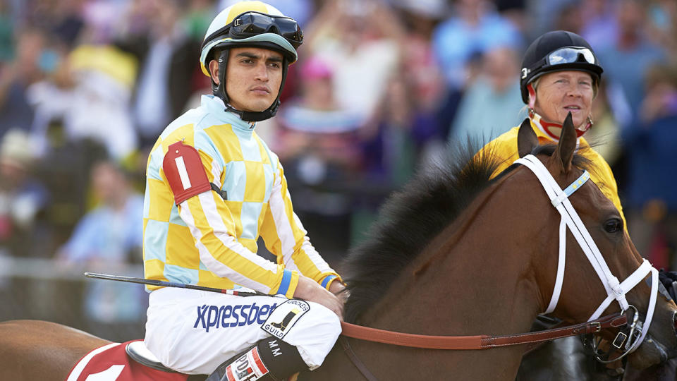 Miguel Mena, pictured here aboard Bayern at the 2014 Preakness Stakes.