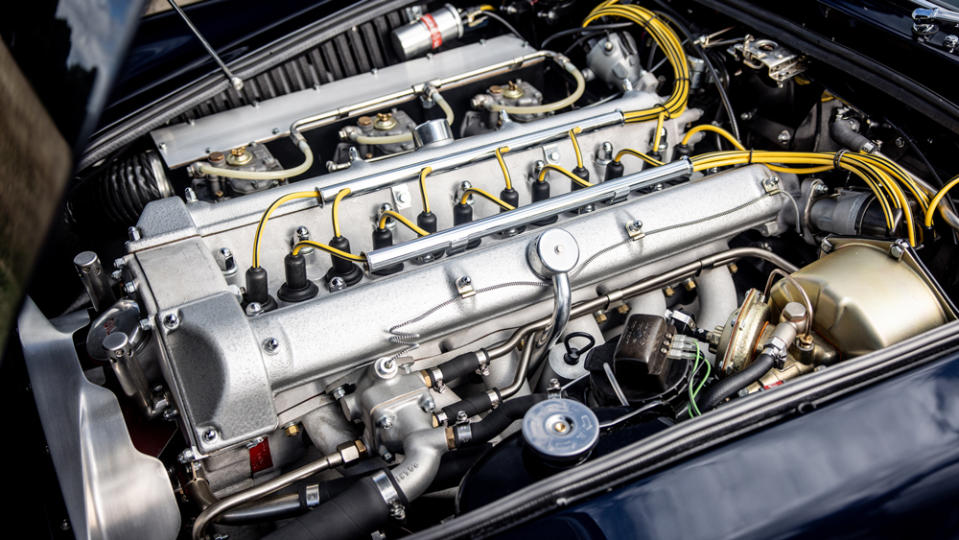 The 300 hp, 3.7-liter inline-six engine inside a 1963 Aston Martin DB4 Series V Convertible.