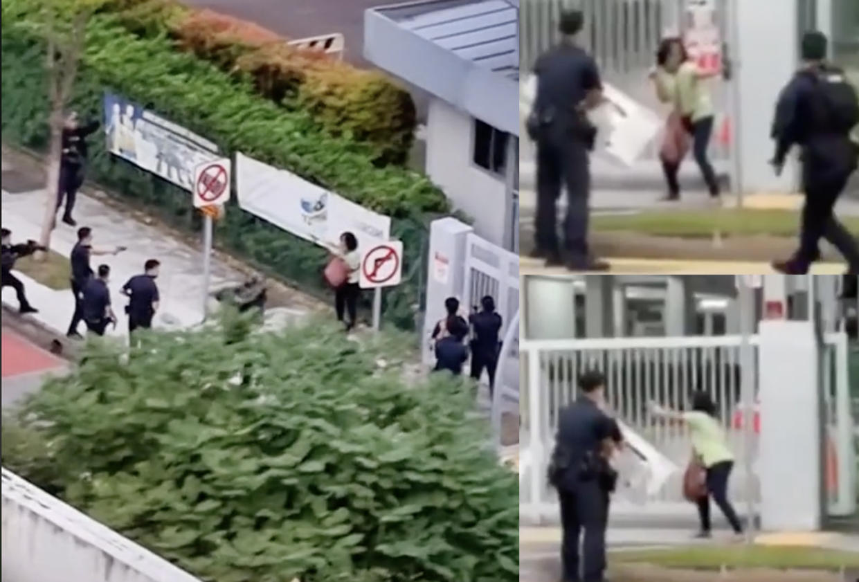 In videos of the incident circulating on social media, at least 10 police officers can be seen surrounding the woman. (SCREENCAPS: miseneri/TikTok, adminsgfollowsalll/Instagram)