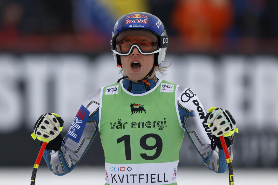 Czech Republic's Ester Ledecka celebrates at the finish area of an alpine ski, women's World Cup super-G race, in Kvitfjell, Norway, Sunday, March 3, 2024. (AP Photo/Alessandro Trovati)