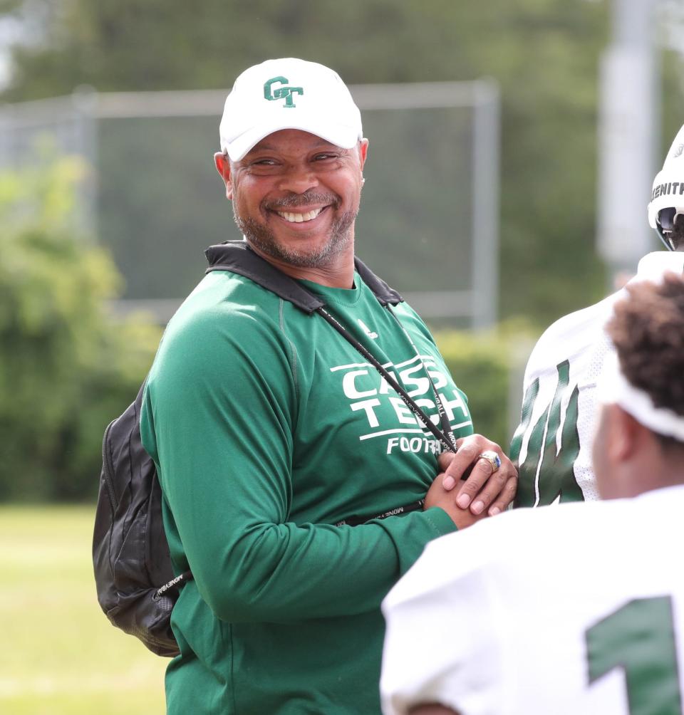 Cass Tech coach Thomas Wilcher smiles on the sidelines during action against Henry Ford on Friday, Sept. 7, 2018 at Henry Ford in Detroit.