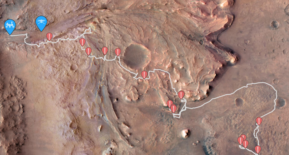 A map shows the route the rover has taken while collecting samples on Mars.