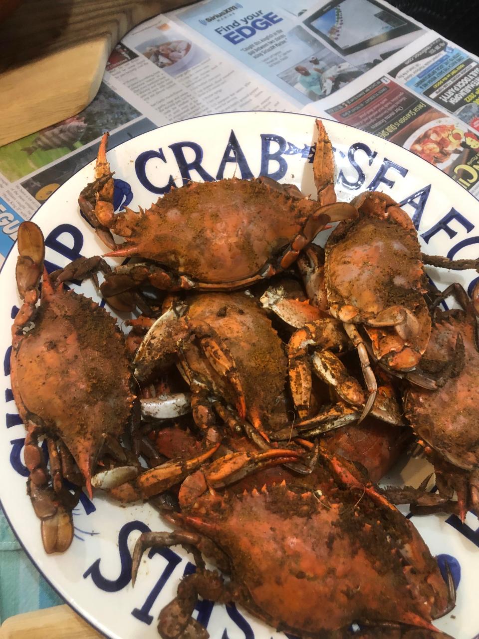 Steamed blue crabs with Old Bay seasoning.