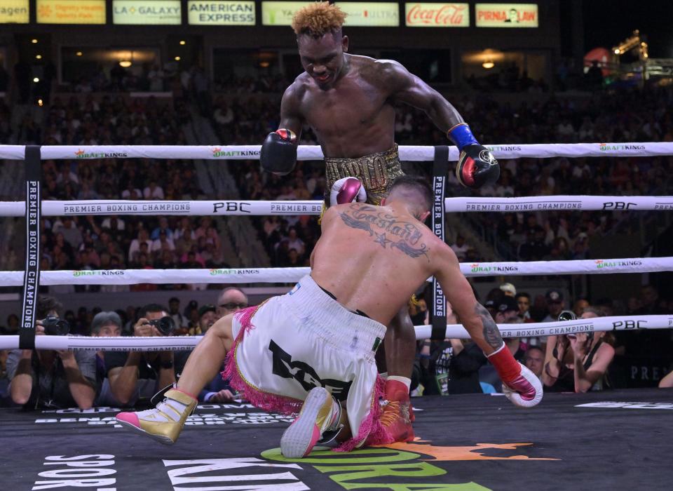 Jermell Charlo drops Brian Castano in the 10th round.