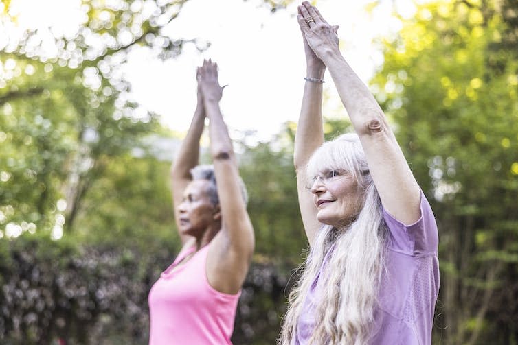 <span class="caption">Balance and strength training are more important than ever in later life.</span> <span class="attribution"><a class="link " href="https://www.gettyimages.co.uk/detail/photo/senior-women-taking-a-yoga-class-in-beautiful-royalty-free-image/1487712999" rel="nofollow noopener" target="_blank" data-ylk="slk:MoMo Productions;elm:context_link;itc:0;sec:content-canvas">MoMo Productions</a></span>