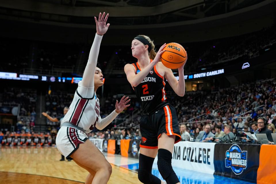 Oregon State Beavers guard Lily Hansford (2) looks to make a move against South Carolina Gamecocks guard Tessa Johnson (5) during the first half in the finals of the Albany Regional of the 2024 NCAA Tournament at MVP Arena March 31, 2024, in Albany, New York.